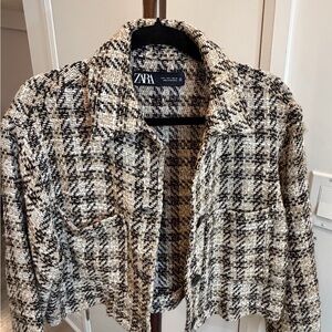 Zara Black and Cream Tweed Open-Front Cropped Blazer